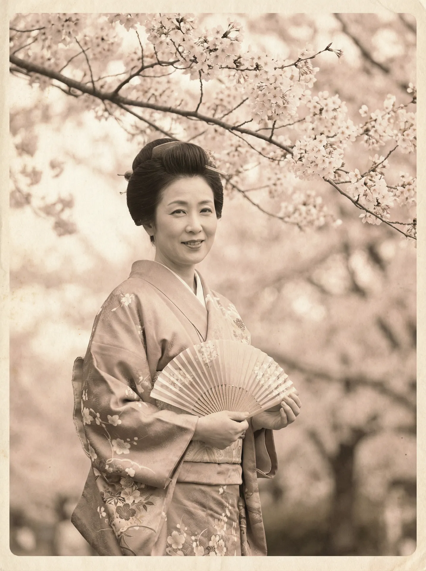 一位持扇的优雅 年轻女老师的电视剧 在樱花树下的复古写真